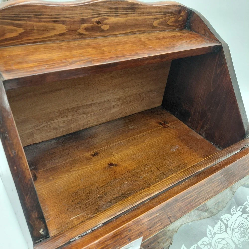 Vtg Wood Bread Box Roses Stenciled Glass Face Farmhouse Breadbox Cottagecore